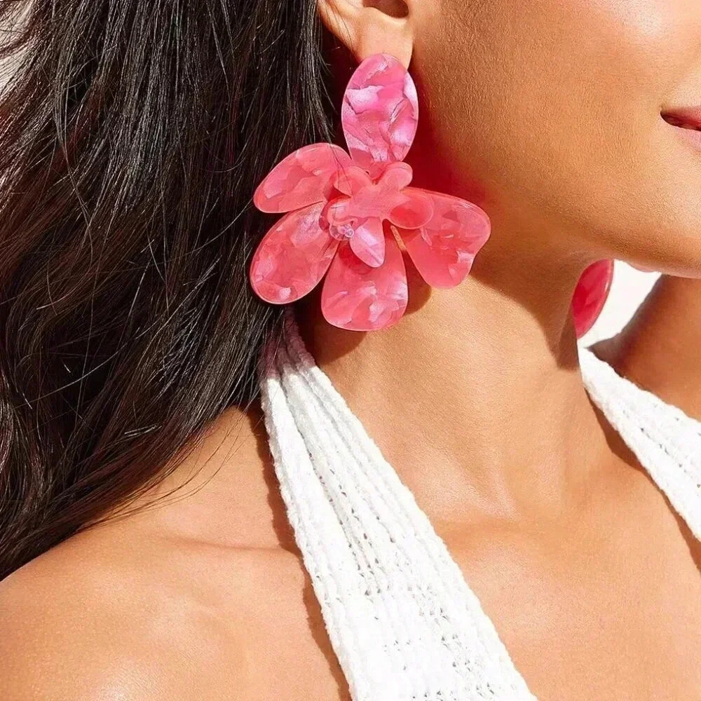 Hot Pink Women's Acetic Acid Floral Design Personality Earrings - Picture 3 of 7